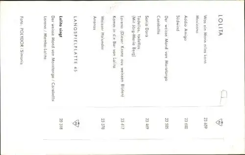 Ak Sängerin Lolita, Portrait, Polydor Schallplatten, Autogramm