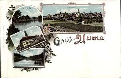 Litho Auma in Thüringen, Gesamtansicht, Sophienbad, Marktplatz, Kesselsee