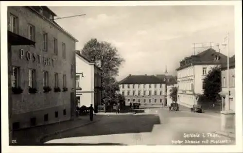 Ak Schleiz in Thüringen, Hofer Straße mit Postamt, Hotel Sonne, Hotel Erbprinz