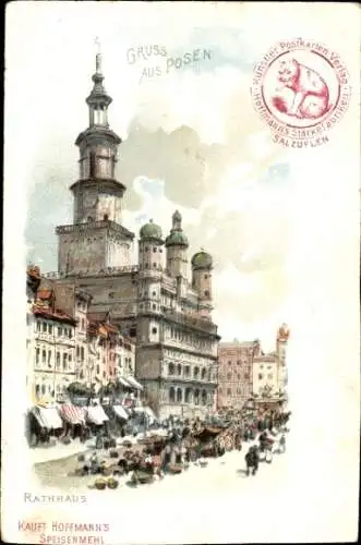 Litho Poznań Posen, Rathaus, Markt, Reklame Hoffmanns Speisenmehl