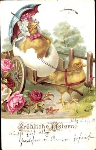 Litho Glückwunsch Ostern, Küken, Rosen, Karren