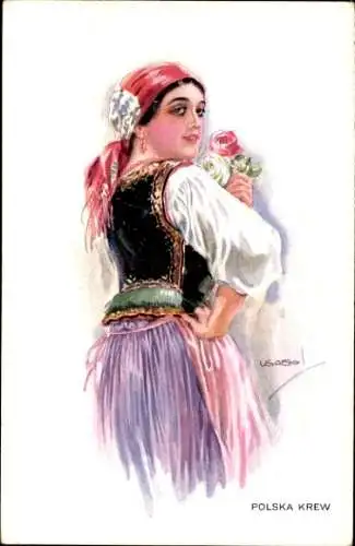 Künstler Ak Usabal, Luis, Frau in polnischer Tracht mit Kopftuch, RKL