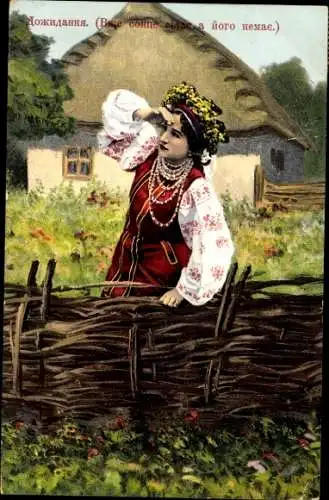 Ak Ukraine, Frau in Volkstracht, Wohnhaus, Zaun