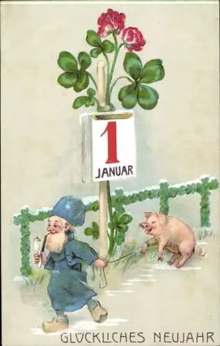 Ak Glückwunsch Neujahr, Zwerg mit Schwein an der Leine, Klee, Kalender