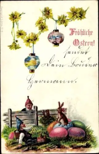 Ak Glückwunsch Ostern, Zwerge, Ostereier, Hase, Lampions