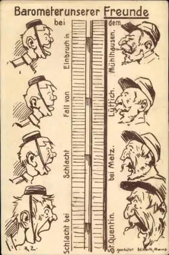 Künstler Ak Barometer unserer Freunde, Schlacht bei St. Quentin, Metz, Lüttich, Mühlhausen, I WK