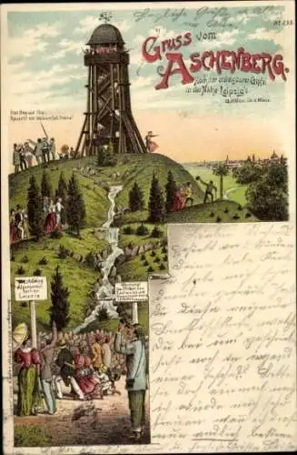 Litho Leipzig in Sachsen, Aschenberg, Aussichtsturm, Wasserfall, Touristen