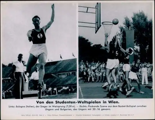 Foto Studenten-Weltspiele in Wien, Weitspringer Bologna, Basketballspiel Ungarn-Bulgarien