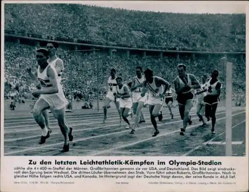 Foto Leichtathletik-Kämpfe im Olympia-Stadion, Staffellauf, Roberts, Voigt