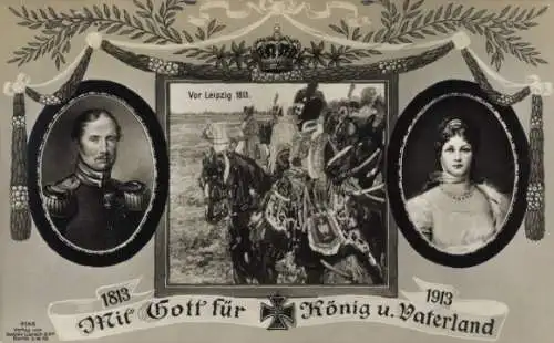 Ak Mit Gott für König und Vaterland, Völkerschlacht vor Leipzig 1813, Friedrich Wilhelm III