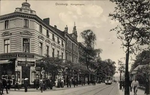 Ak Duisburg im Ruhrgebiet, Königstraße, Straßenbahn, Geschäft Albert Montel, General Anzeiger