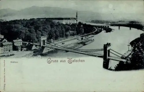 Mondschein Ak Děčín Tetschen an der Elbe Region Aussig, Panorama, Schloss