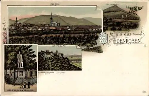 Litho Edenkoben an der Haardt Pfalz, Gesamtansicht, König Ludwig Denkmal, Kropsburg