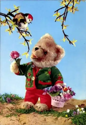 Ak Teddybär, Teddy mit Blumenkorb, Vogel