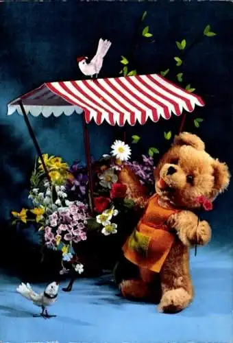 Ak Teddybär, Teddy, Blumenstand, Vögel