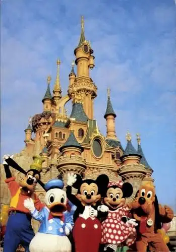 Ak Disneyland Paris, Schloss, Micky Maus, Minnie Maus, Donald Duck, Goofy, Pluto