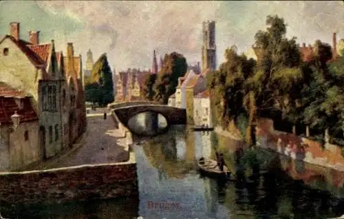 Künstler Ak Bruges Westflandern, Blick auf Häuser am Kanal, Ruderer, Turm