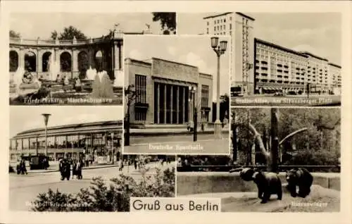 Ak Berlin, Stalin-Alllee, Bärenzwinger, Deutsche Sporthalle, Märchenbrunnen, Bhf. Friedrichstraße