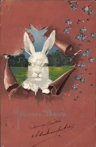 Litho Glückwunsch Ostern, Weißer Osterhase, Blumen