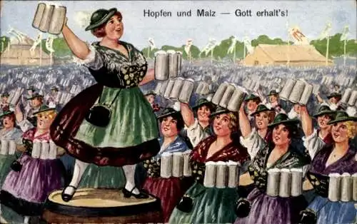 Ak München, Hopfen und Malz-Gott erhalt's, Frauen, Bierkrüge