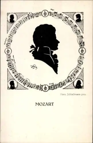 Scherenschnitt Künstler Ak Schließmann, Hans, Komponist Wolfgang Amadeus Mozart, Portrait