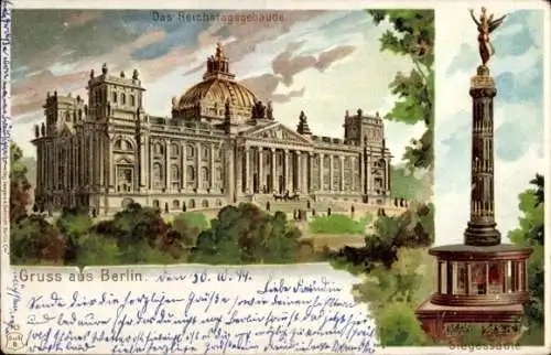 Litho Berlin Tiergarten, Reichstagsgebäude und Siegessäule