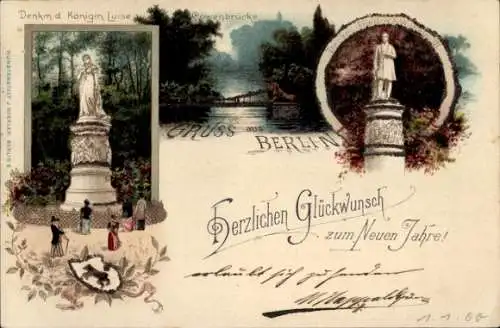 Litho Berlin Tiergarten, Löwenbrücke, Denkmal Königin Luise, Denkmal Friedrich Wilhelm III.