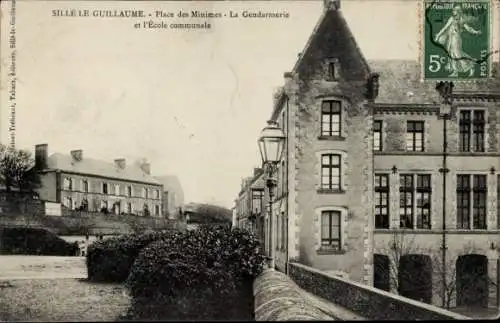 Ak Sillé le Guillaume Sarthe, Place des Minimes, Le Gendarmerie, l'Ecole communale