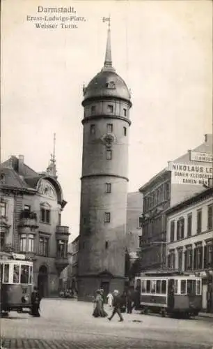 Ak Darmstadt in Hessen, Ernst-Ludwigs-Platz, Weißer Turm, Straßenbahnen