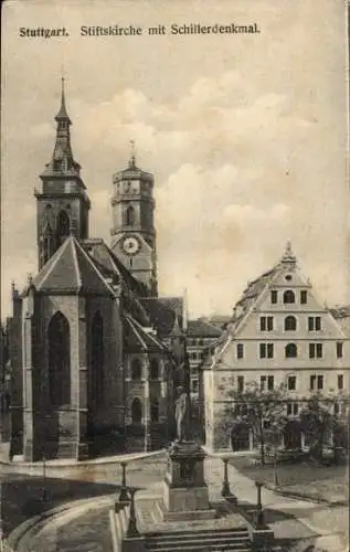 Ak Stuttgart in Württemberg, Stiftskirche mit Schillerdenkmal