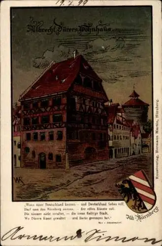 Künstler Präge Wappen Litho Nürnberg in Mittelfranken Bayern, Albrecht Dürers Wohnhaus, Gedicht