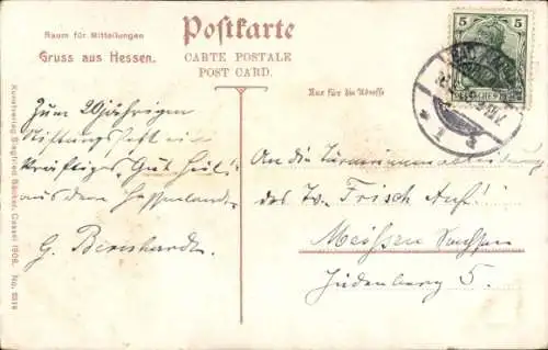 Ak Mädchen in hessischen Trachten, Wohnhäuser