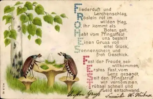 Präge Litho Maikäfer am Tisch, Birke, Fliederluft und Lerchenschlag, Röslein rot im wilden Hag...