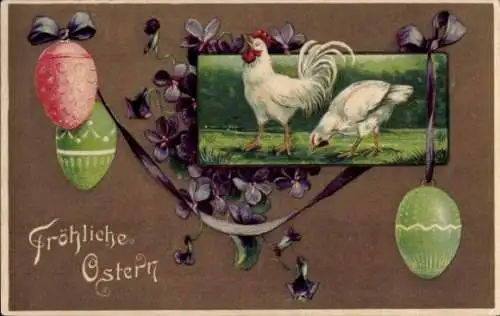 Präge Ak Glückwunsch Ostern, Hühner, Veilchen, Ostereier