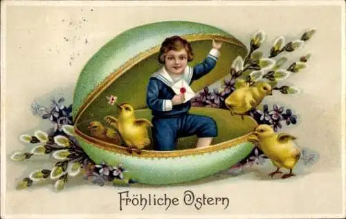 Ak Glückwunsch Ostern, Kind, Küken, Osterei, Weidenkätzchen