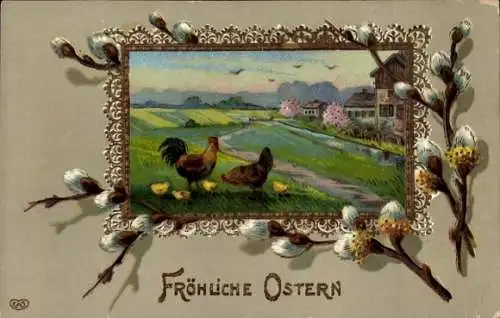 Präge Passepartout Ak Glückwunsch Ostern, Hühner, Weidenkätzchen