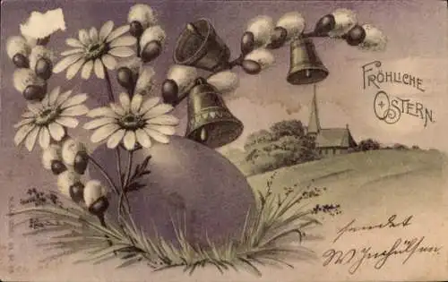 Litho Glückwunsch Ostern, Osterei, Weidenkätzchen, Glocken, Margeriten