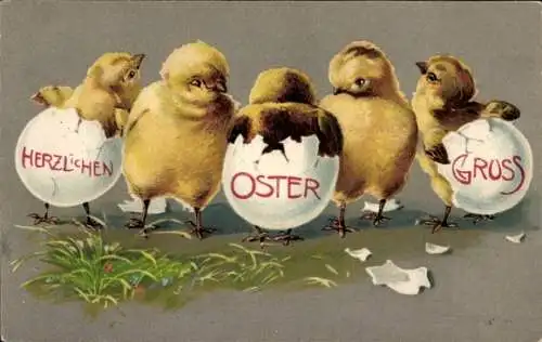 Präge Ak Glückwunsch Ostern, Küken sind aus Eiern geschlüpft