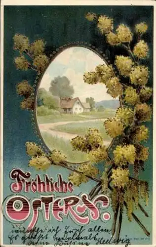 Litho Glückwunsch Ostern, Weidenkätzchen, Haus