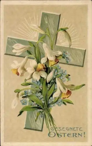 Präge Ak Glückwunsch Ostern, Kreuz, Blumen