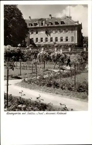 Ak Insel Mainau im Bodensee, Rosengarten mit Schloss
