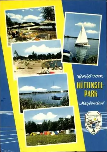 Ak Meißendorf Winsen Aller, Hüttenseepark, Wappen, Segelboot, Strand, Zelte