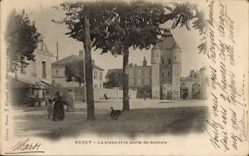 Ak Moret sur Loing Seine et Marne, Place, Porte de Samois