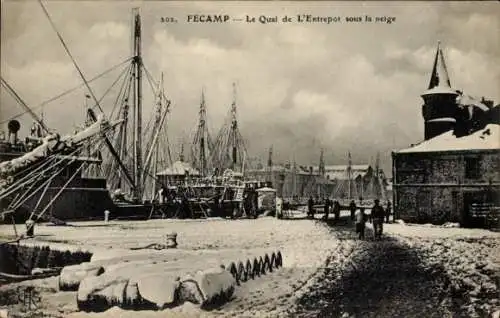 Ak Fécamp Seine Maritime, Quai de L'Entrepot sous la neige, Winter