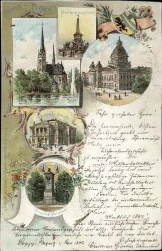 Litho Leipzig in Sachsen, Mendebrunnen, Lutherkirche, Konzerthaus, Friedrichsdenkmal