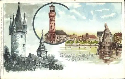 Litho Lindau am Bodensee Schwaben, Türme, Leuchtturm, Hafeneinfahrt