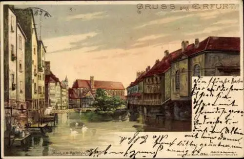 Litho Erfurt in Thüringen, Blick von der Rathausbrücke