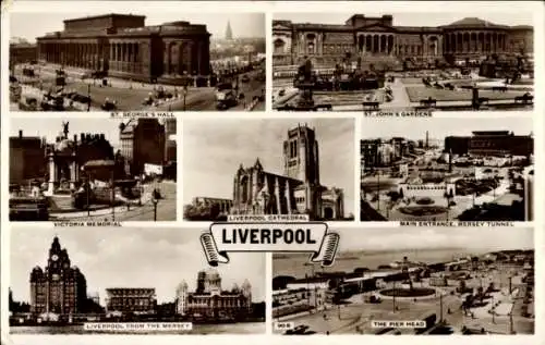 Ak Liverpool England, Kathedrale, Pier Head, Victoria Memorial, Johns Gardens