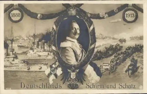 Passepartout Ak Kaiser Wilhelm II., Zeppelin, Deutsches Kriegsschiff, Deutschlands Schirm und Schutz