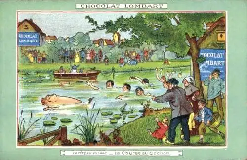 Ak Chocolat Lombart, Reklame, La Fete au Village, La Course au Cochon